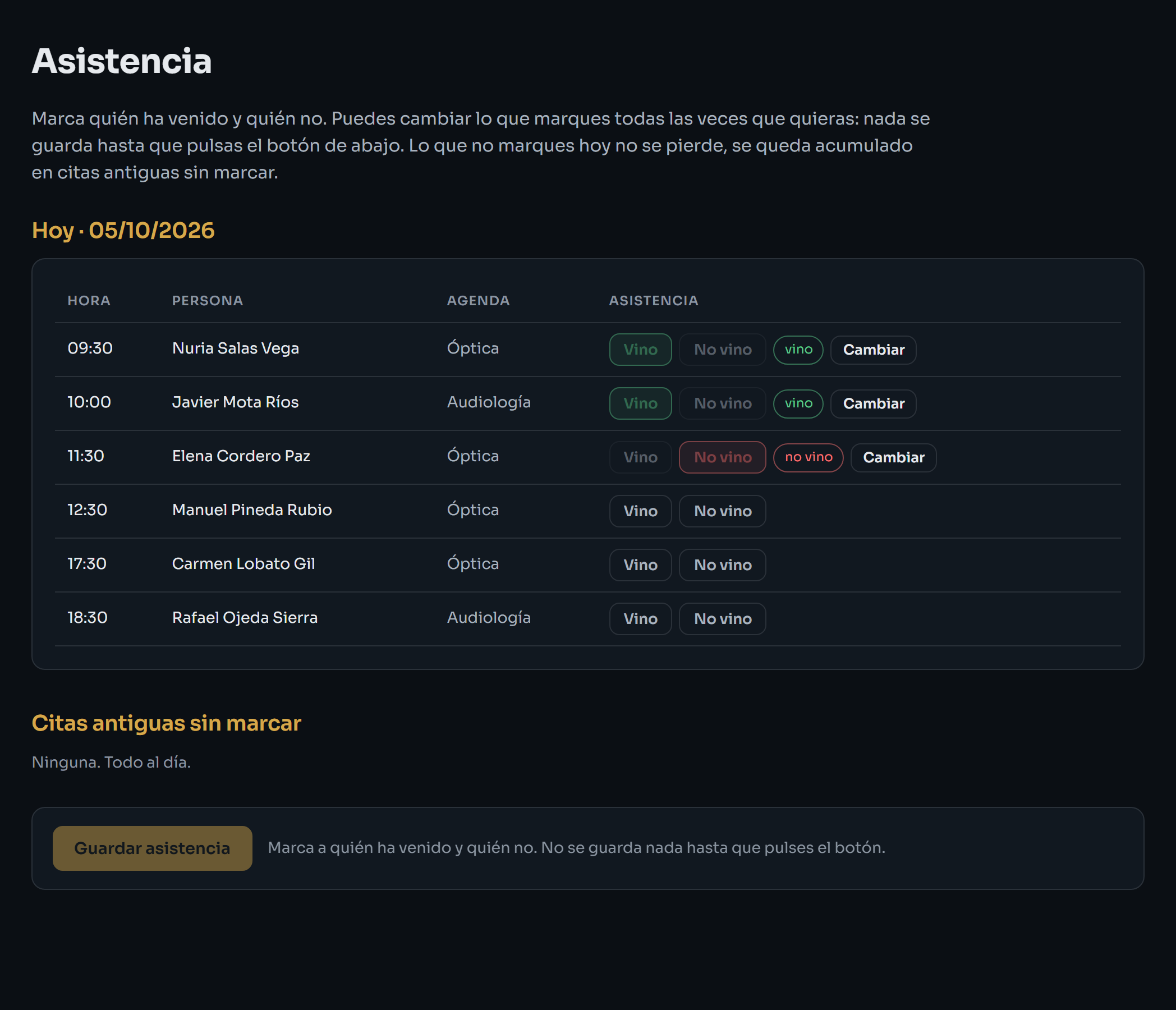 Pantalla de Asistencia con los botones Vino y No vino en cada cita