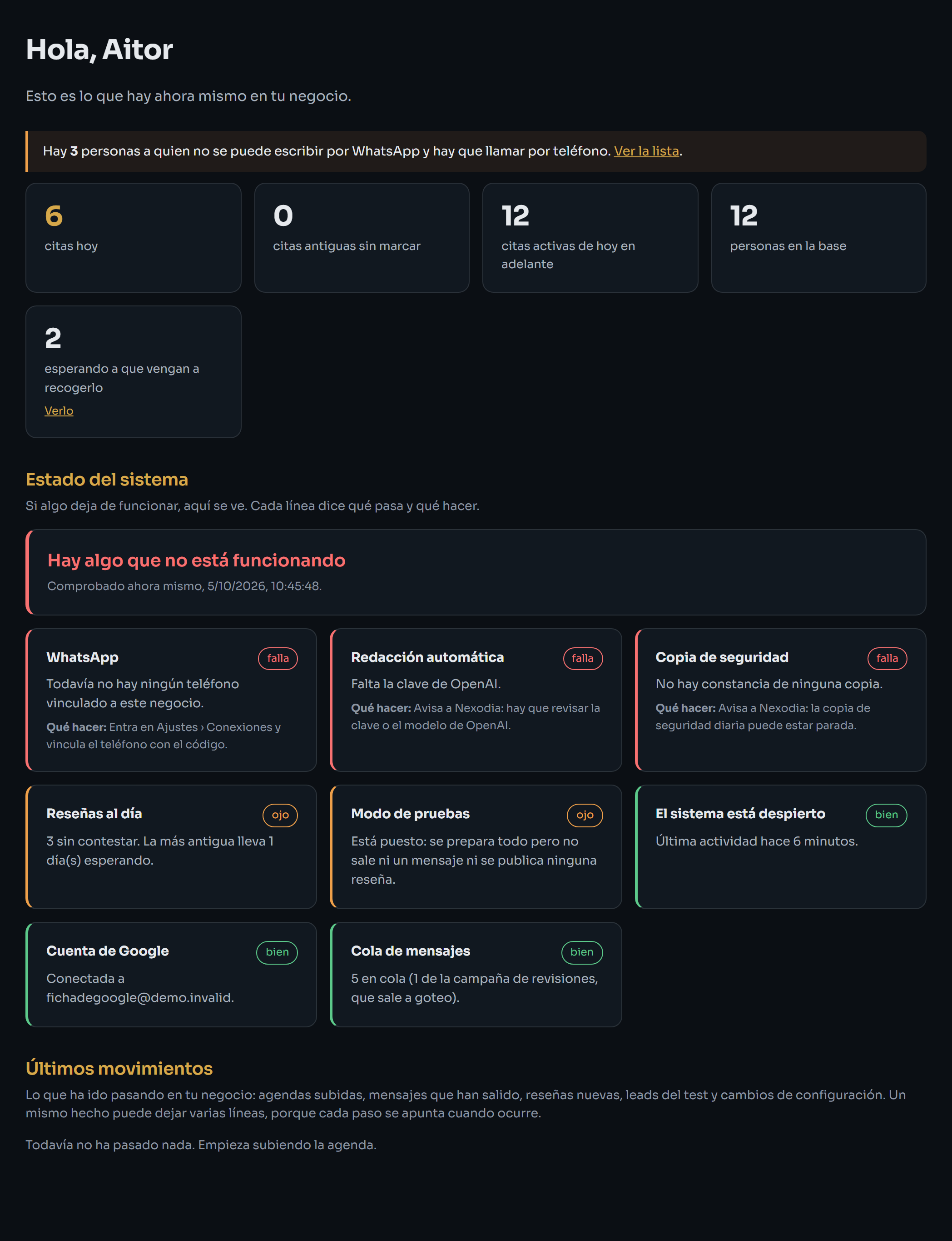 Pantalla de Inicio con las cifras del día y las tarjetas del Estado del sistema