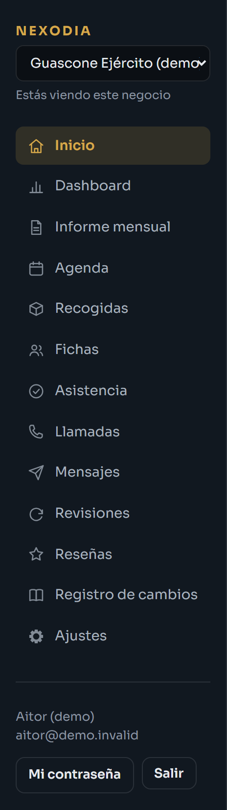 Menú de la izquierda con el selector de centro arriba y las pantallas debajo