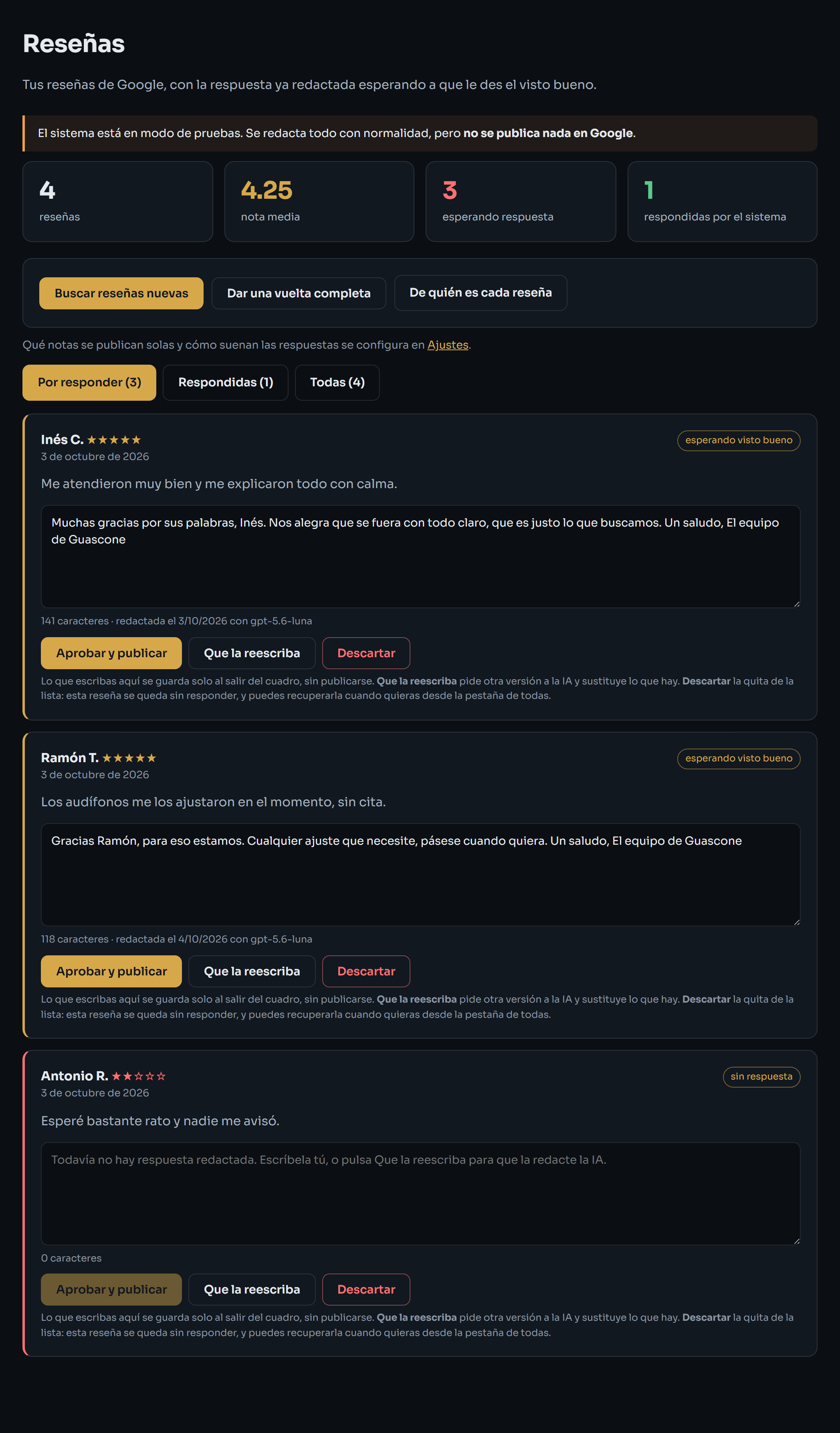 Pantalla de Reseñas con las respuestas que esperan el visto bueno