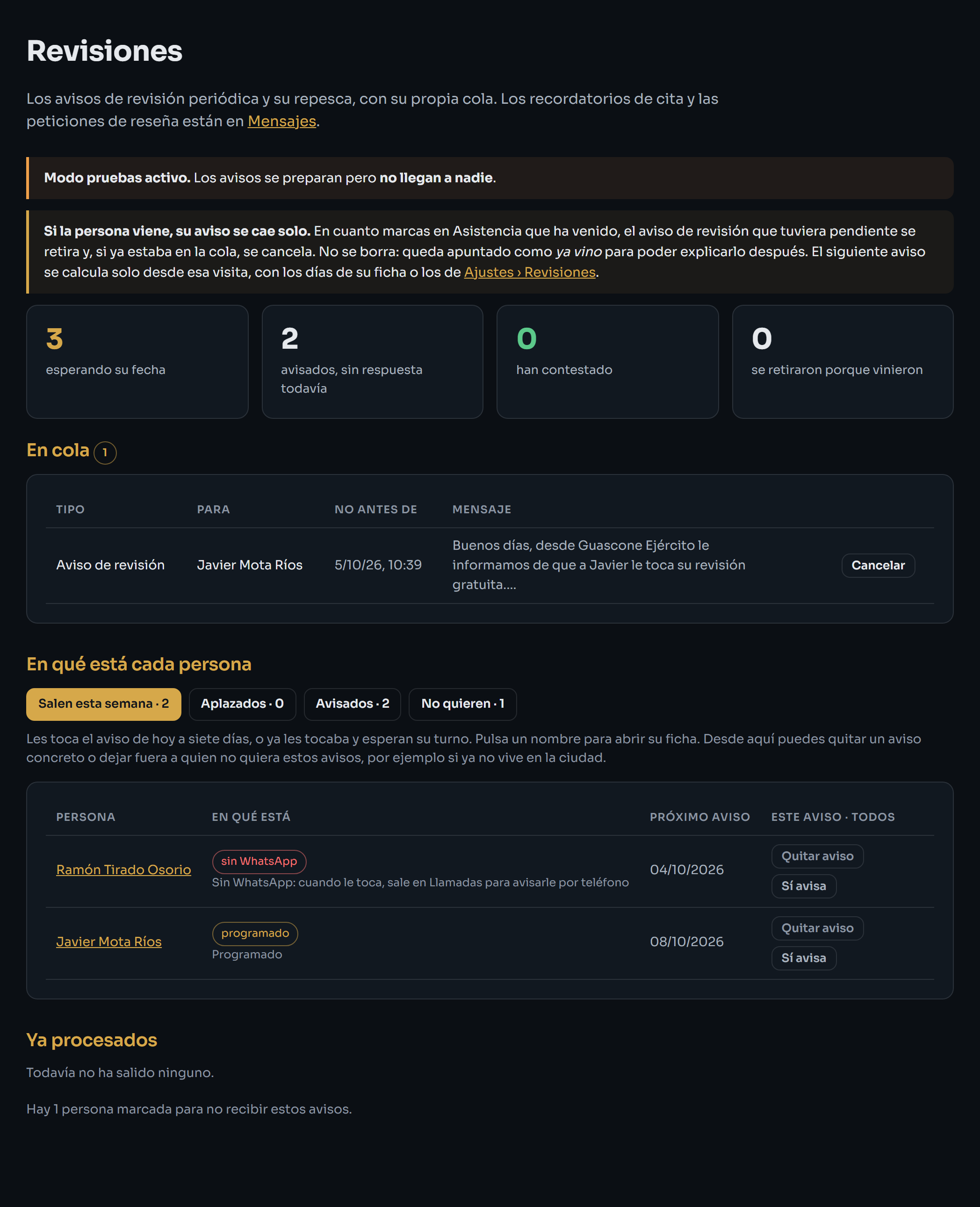 Pantalla de Revisiones con la lista por estado y sus filtros